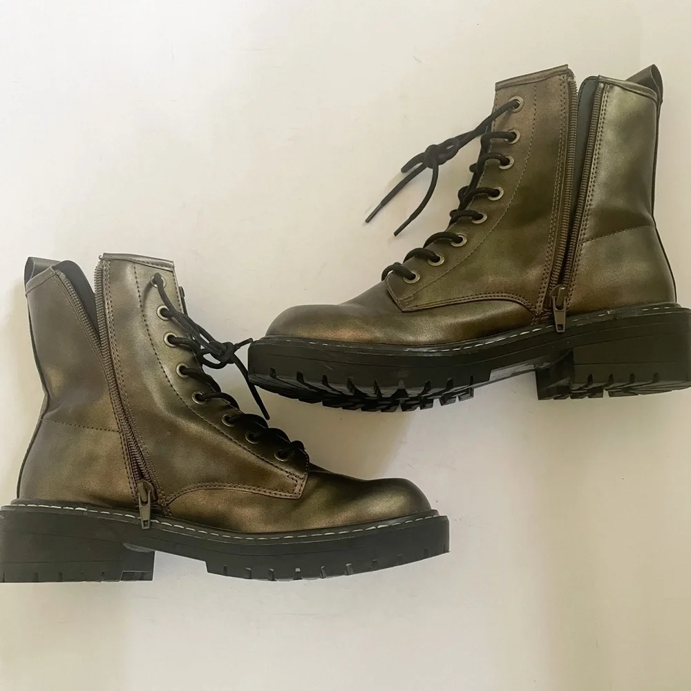 Forever 21 Faux Leather Lace Up 90s Y2K Moto Combat Boots Green Size 7.5 - Picture 8 of 8